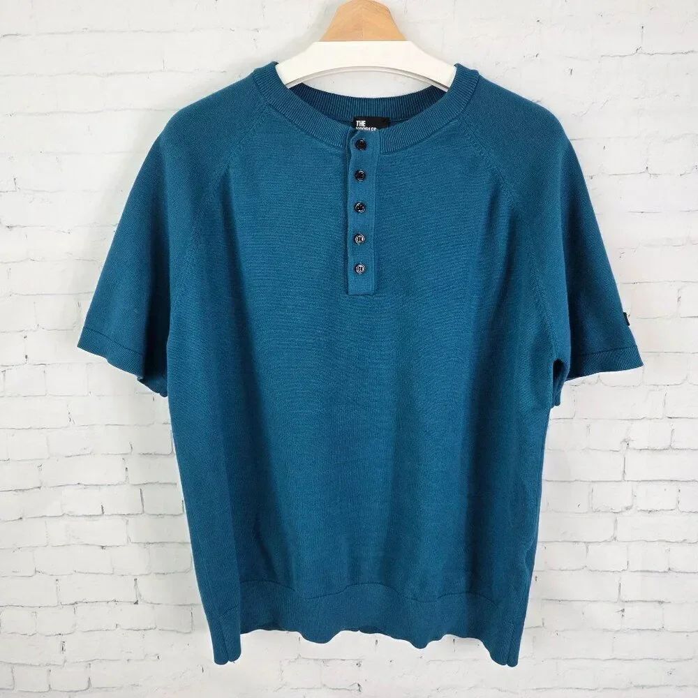 The Kooples Mens L Compact Knitted Sport Raglan Short Sleeve Henley Sweater Teal